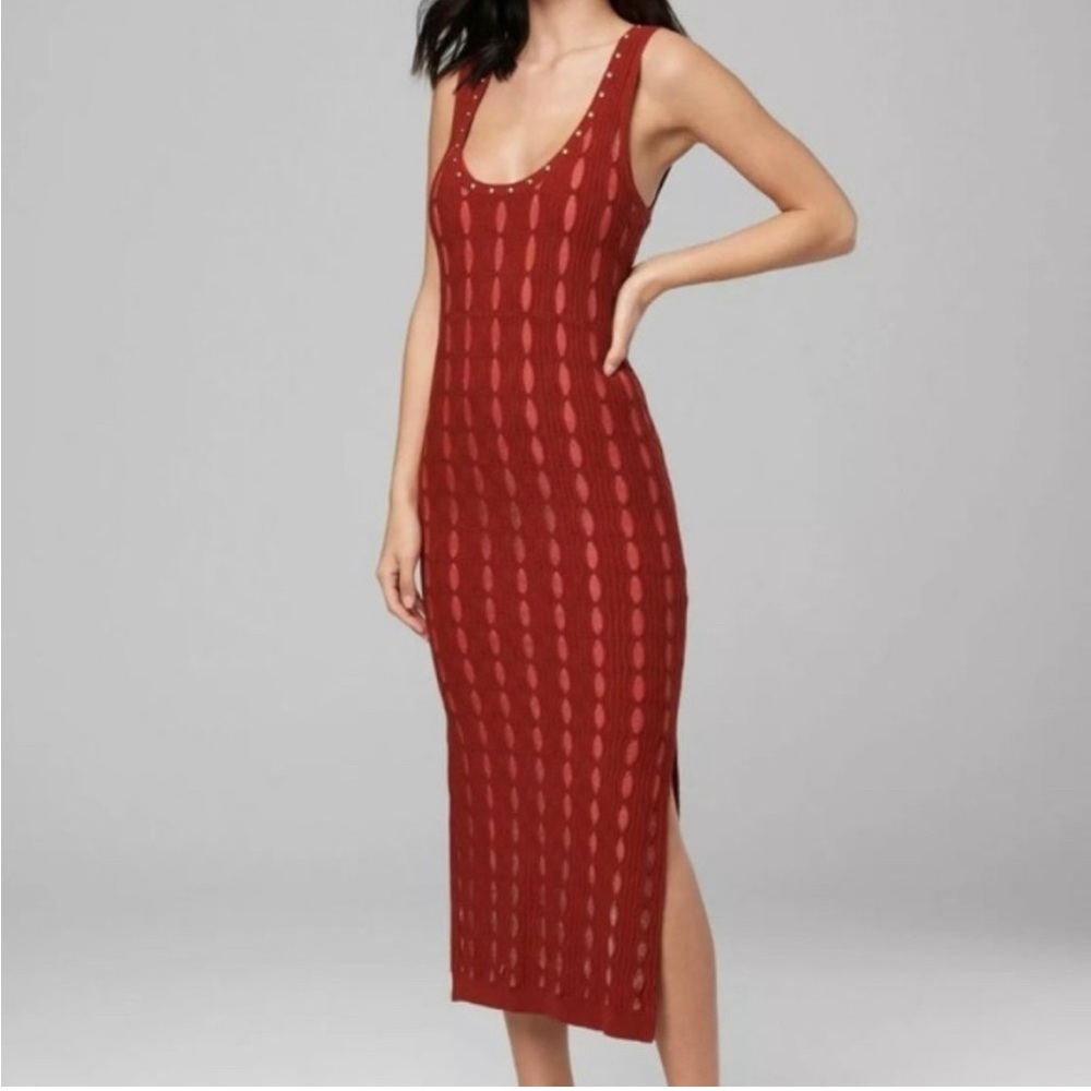 Bebe Pointelle Knit Tank Midi Dress Tomato Red fitted bodycon sleeveless